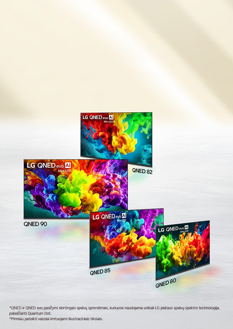 2026&nbsp;m. LG QNED evo Mini LED TV linija su QNED90, QNED85, QNED82 ir QNED80 modeliais, kurių kiekvieno ekrane pavaizduoti spalvingi meno kūriniai, demonstruojantys dinaminę QNED spalvų raišką.