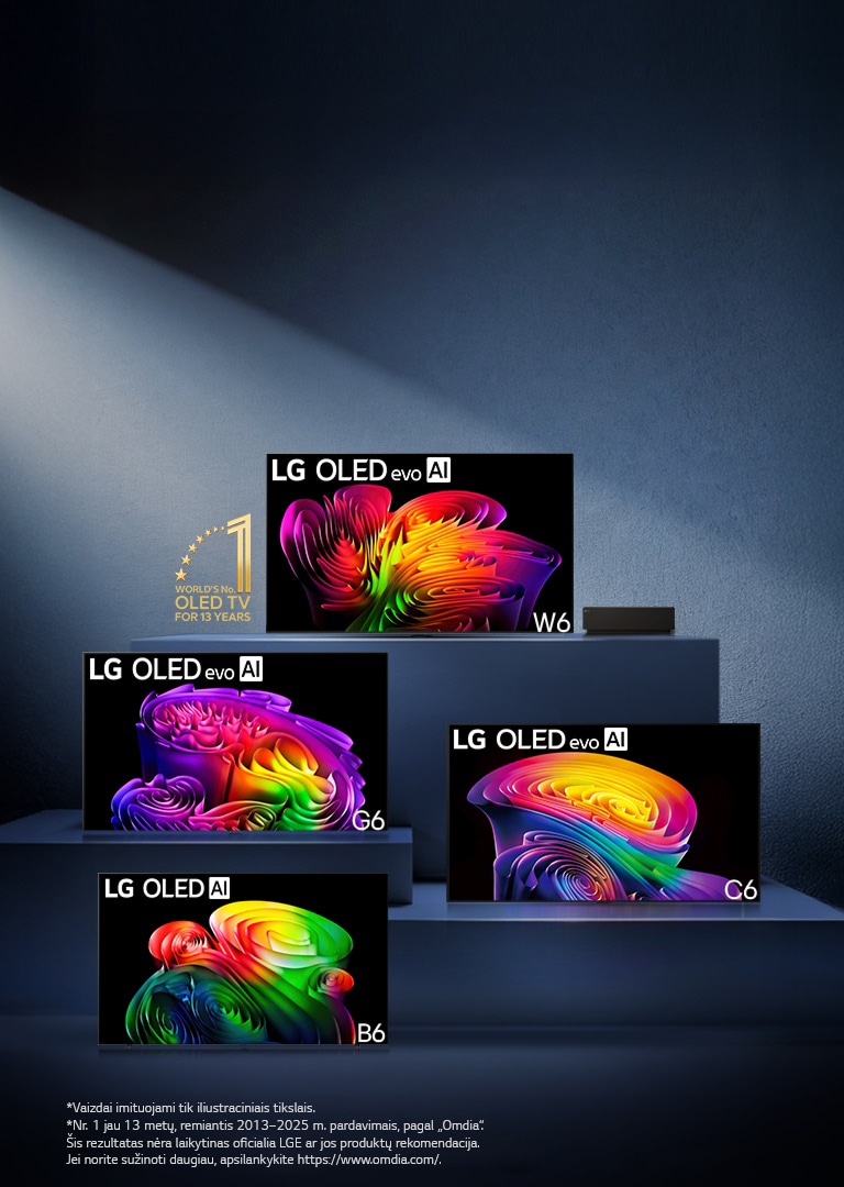 Naujoji 2026&nbsp;m. LG OLED TV linija pristato B6, W6, G6 ir C6 modelius; kiekvienas plataus ekrano su elegantiškais plonais rėmeliais TV, tamsiame fone, rodo ryškų, aiškų ir detalų abstraktų grafinį vaizdą.