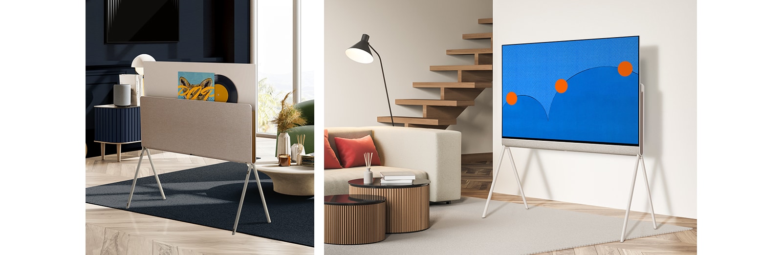 Dvi skirtingos gyvenamosios erdvės. Vienoje iš jų matyti elegantiška LG OLED „Objet“ ir „Posé“ kolekcijos televizoriaus galinė pusė. Kitoje televizoriaus priekinėje pusėje ant ekrano rodomas meno kūrinys.