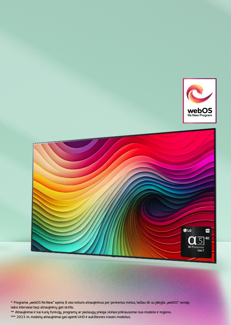 LG „NanoCell“ TV mėtų žalios spalvos fone su įvairiaspalviais sūkuriais, o apatiniame dešiniajame kampe pavaizduotas „alpha 5 AI Processor Gen 7“. Šviesa sklinda ir meta spalvingus šešėlius apačioje. Rodomas „webOS Re:New“ programos logotipas. Atsakomybės atsisakymo tekstas: Programa „webOS Re:New“ apima iš viso keturis atnaujinimus per penkerius metus, tačiau tik su įdiegta „webOS“ versija; laiko intervalai tarp atnaujinimų gali skirtis. Atnaujinimai ir kai kurių funkcijų, programų ar paslaugų prieiga skiriasi priklausomai nuo modelio ir regiono.  2023 m. modelių atnaujinimai gali apimti UHD ir aukštesnės klasės modelius.