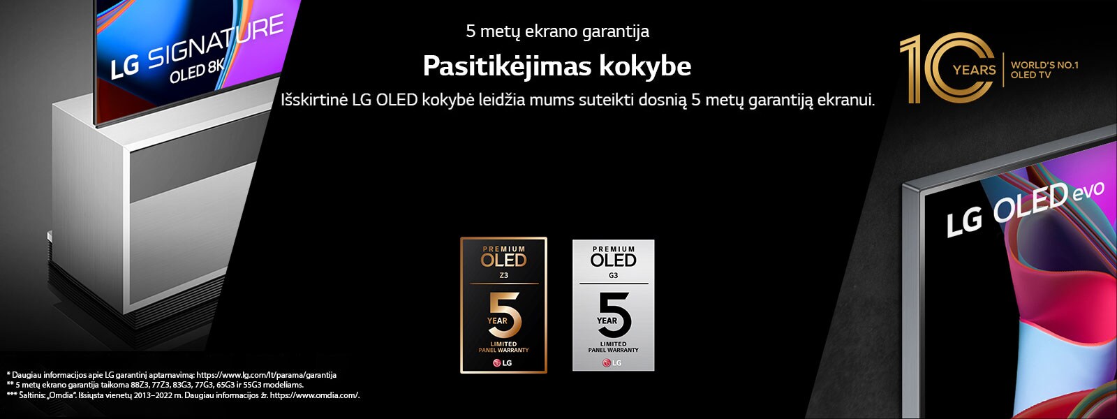 Atvaizdo kairėje pusėje pateiktas LG OLED Z3 su grindiniu stovu vaizdas iš šono. Dešinėje pusėje pavaizduota LG OLED G3 versija „Gallery“. 5 metų garantijos logotipai pateikti atvaizdo viduryje. Vaizde yra emblema „10 metų pasaulio OLED televizorius Nr. 1“.