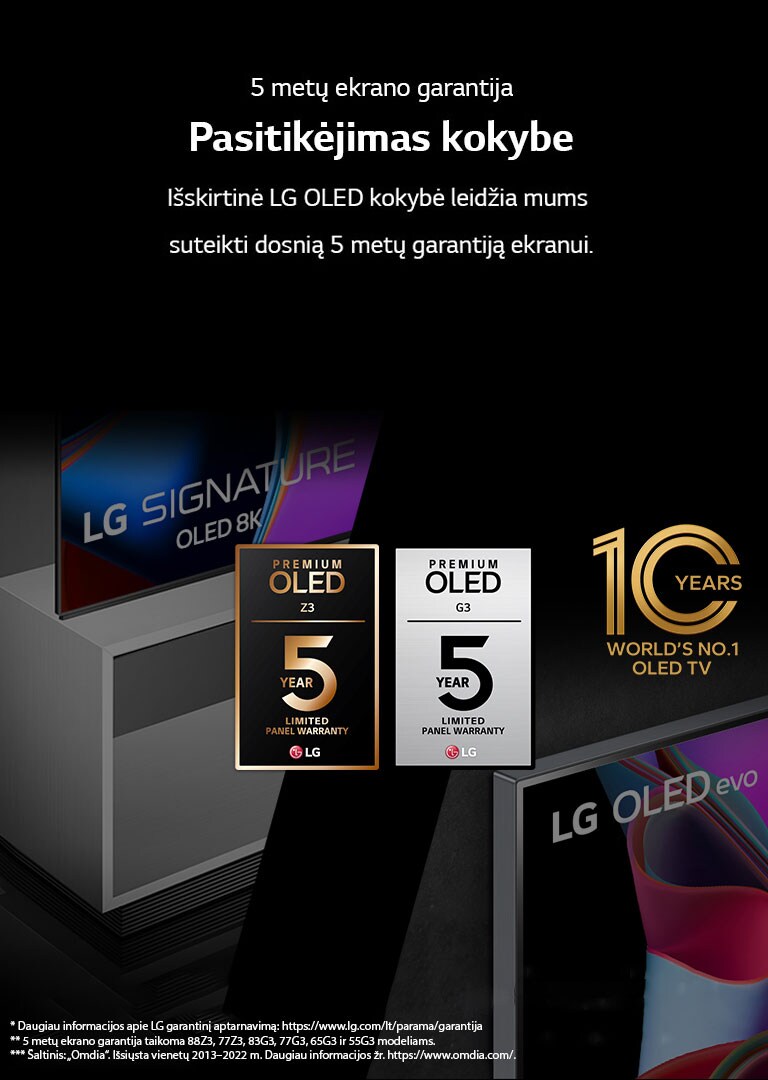 Atvaizdo kairėje pusėje pateiktas LG OLED Z3 su grindiniu stovu vaizdas iš šono. Dešinėje pusėje pavaizduota LG OLED G3 versija „Gallery“. 5 metų garantijos logotipai pateikti atvaizdo viduryje. Vaizde yra emblema „10 metų pasaulio OLED televizorius Nr. 1“.