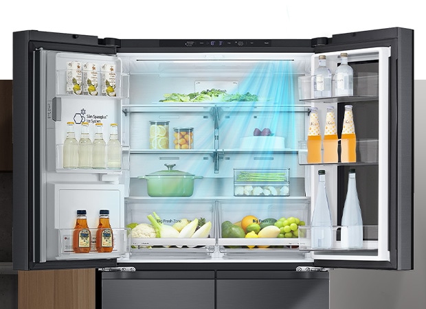 Šaldytuvo viduje, pripildytame ingredientų, apačioje, abiejose pusėse ir visame šaldytuve pavaizduotos mėlynos rodyklės, reiškiančios šaltį.