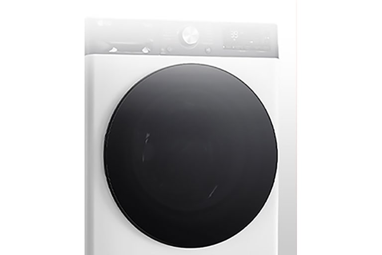 Aiškus skalbyklės su grūdintojo stiklo durelėmis vaizdas.