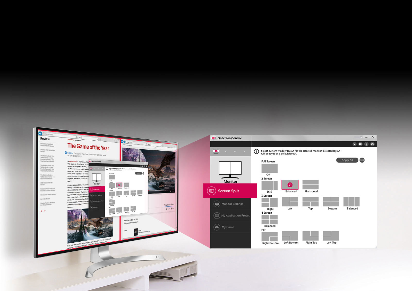 Įvairūs vaizdo ekrane perskyrimo būdai vos<br>1