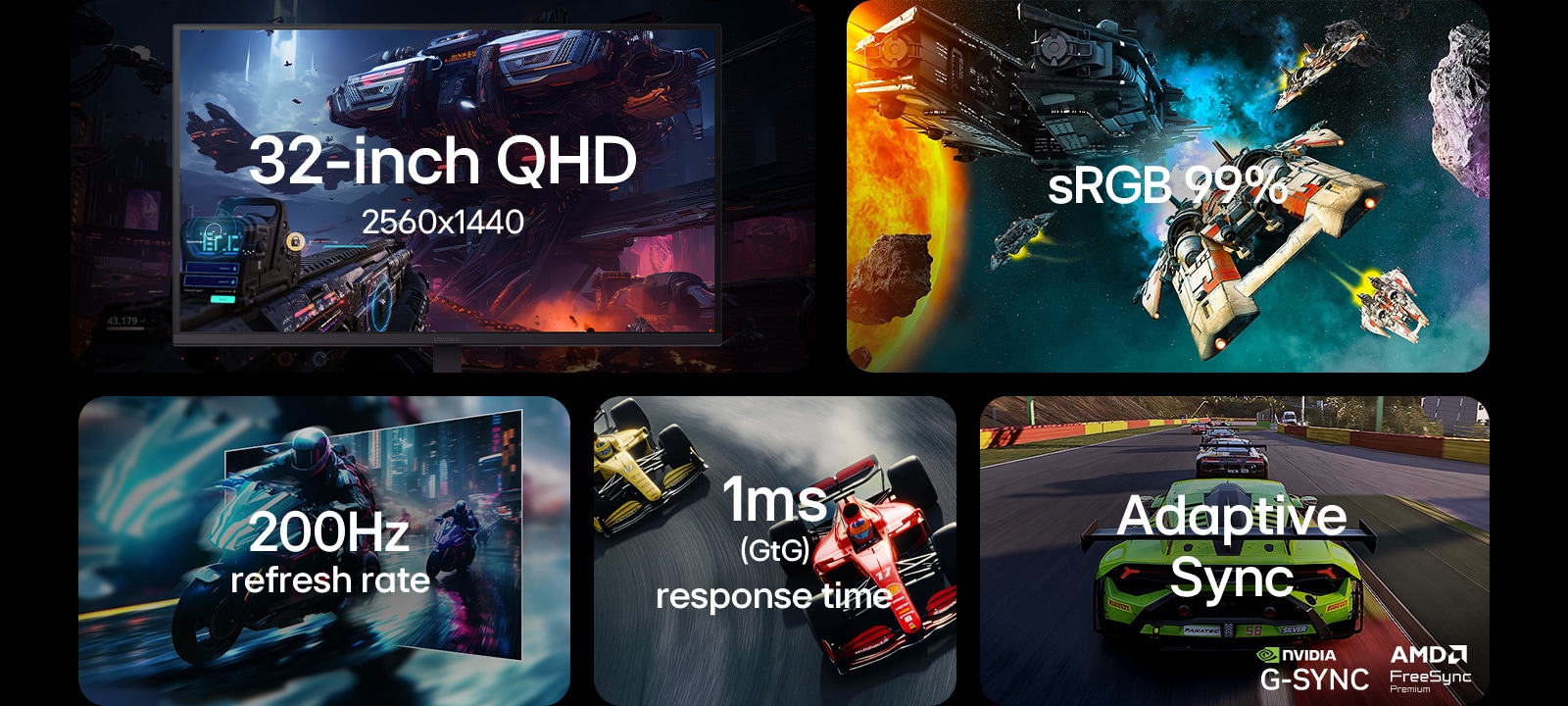 Žaidimų monitoriaus pagrindinių savybių apžvalga, kurioje pabrėžiama: 32&nbsp;in QHD 2560x1440 raiška, RGBs 99&nbsp;% spalvų gama, 200Hz atnaujinimo greitis, 1ms (GtG) atsako laikas, Adaptive Sync su NVIDIA G-SYNC ir AMD FreeSync Premium palaikymas.