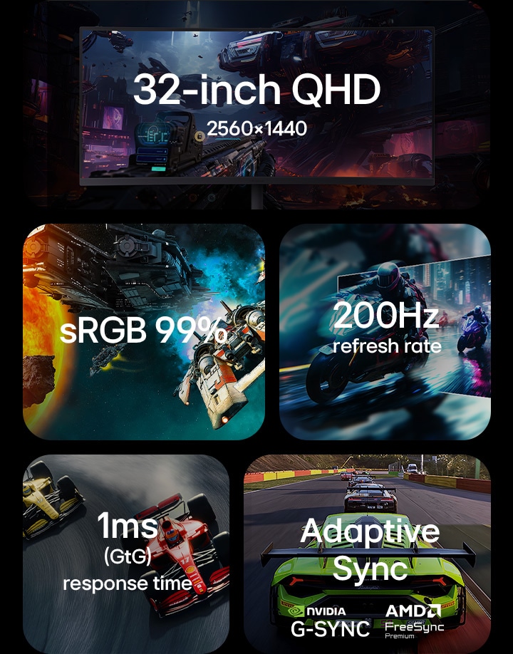 Žaidimų monitoriaus pagrindinių savybių apžvalga, kurioje pabrėžiama: 32&nbsp;in QHD 2560x1440 raiška, RGBs 99&nbsp;% spalvų gama, 200Hz atnaujinimo greitis, 1ms (GtG) atsako laikas, Adaptive Sync su NVIDIA G-SYNC ir AMD FreeSync Premium palaikymas.