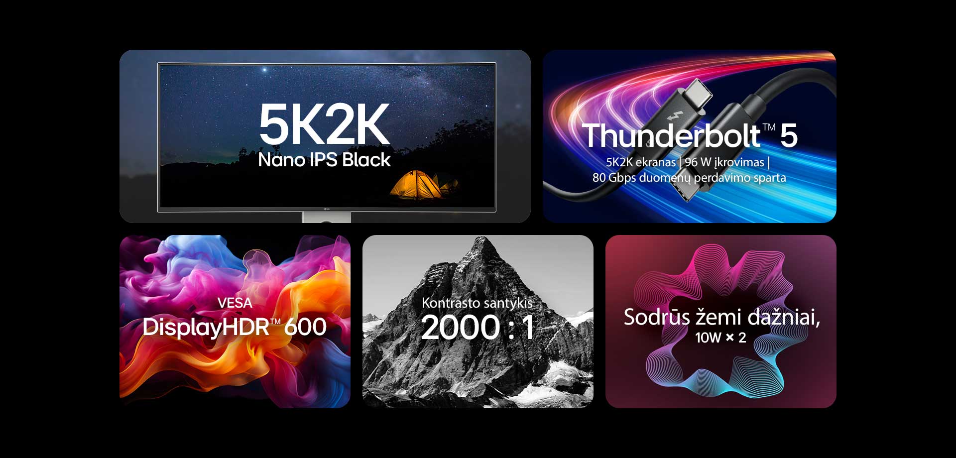 5 skirtingi vaizdai su tekstu atskleidžiančiu pagrindines „UltraFine“ savybes