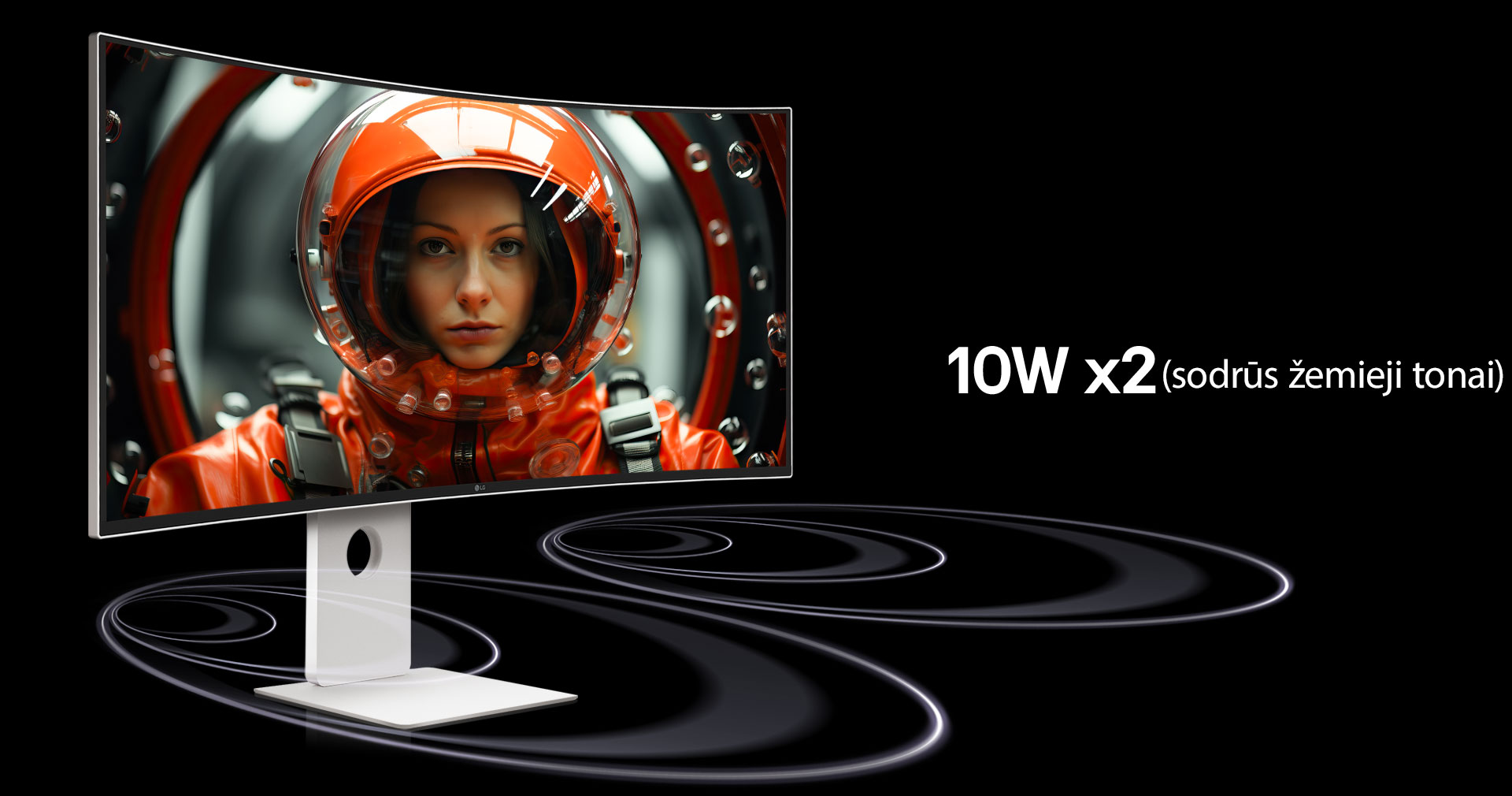 „UltraFine“ monitorius virtualioje erdvėje; garso bangos sklinda iš apatinės monitoriaus dalies ir juda į priekį. Ekrane moteris raudonu skafandru žiūri į priekį.