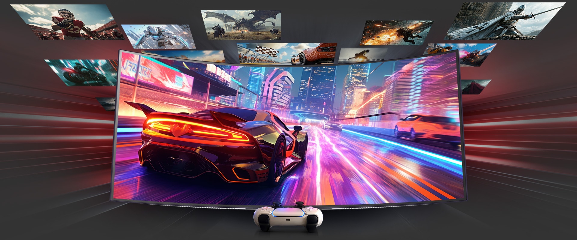 На изогнутом игровом мониторе изображена гоночная игра с красным суперавтомобилем в освещенном неоновым светом городе. На экране появляются другие сцены из игры. Впереди расположен белый пульт управления console, который делает акцент на игре на console.