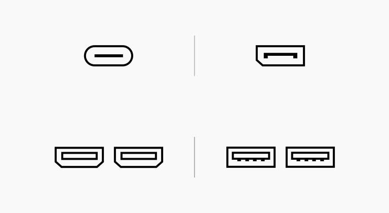 „USB Type-C™“, „DisplayPort“, HDMI ir USB (Downstream3.0) prievado piktogramos vaizdas.