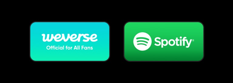 Yra du blokai su „Weverse“ ir „Spotify“ logotipais.