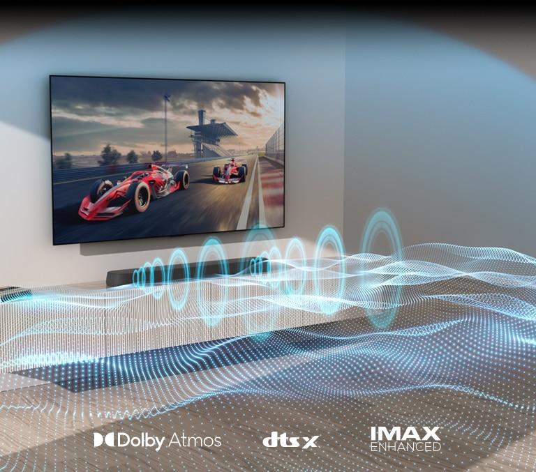 Ant sienos pritvirtintas televizorius, o ant svetainės spintelės viršaus padėtas „soundbar“ garsiakalbis. Erdvę užpildančio garso didybė išreiškiama bangomis ir grafiniais vaizdais.