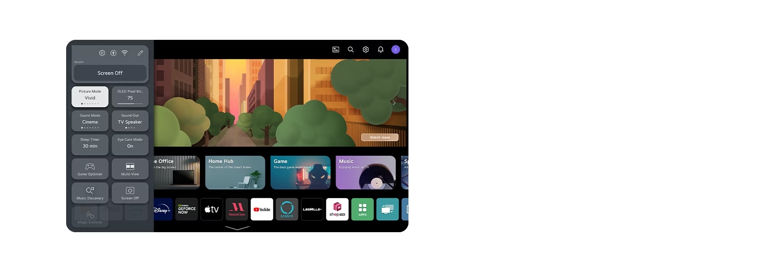 LG OLED naudotojo sąsajos vaizdas su kairėje ekrano pusėje atidarytomis prieinamumo funkcijomis.