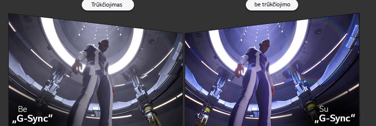 Vieno šalia kito LCD/LED ir OLED ekranų palyginimas; abiejuose ekranuose rodoma ta pati žaidimo scena ir demonstruojama, kaip skiriasi trūkčiojimas ekranuose