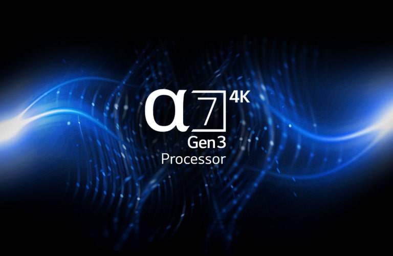 3-ios kartos procesoriaus „α7“ logotipas ant juodos ir mėlynos spalvos grafinio fono