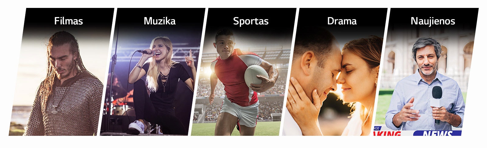 Penkios vertikalios pavadinimo kortelės – Filmas, Muzika, Sportas, Drama ir Naujienos