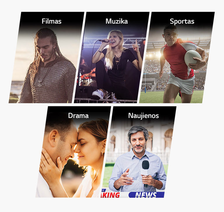 Penkios vertikalios pavadinimo kortelės – Filmas, Muzika, Sportas, Drama ir Naujienos