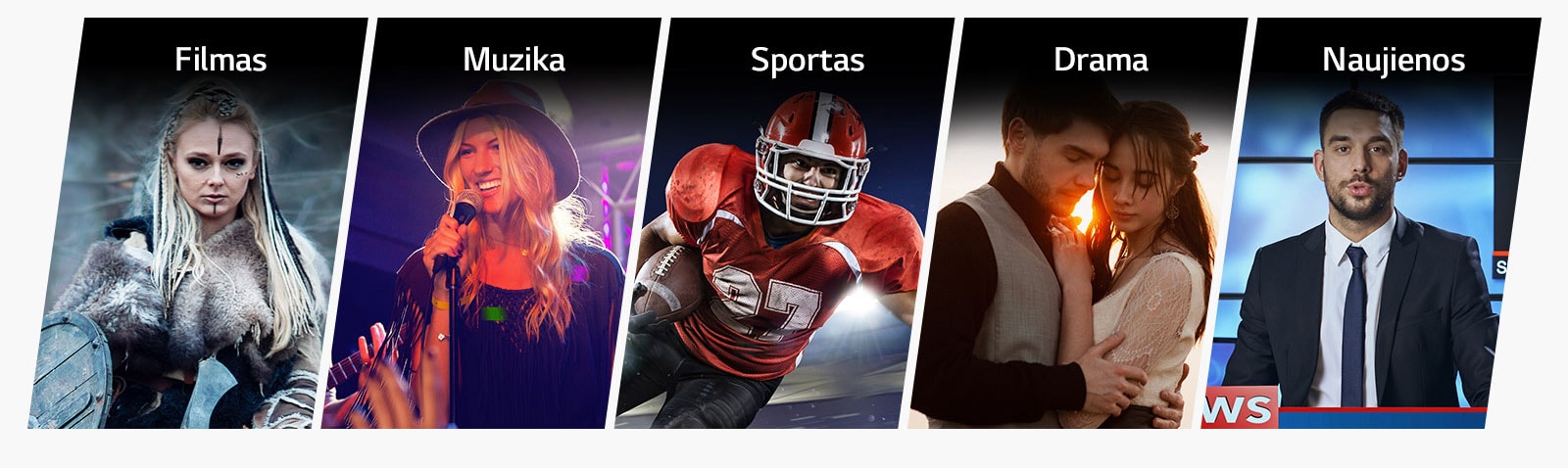 Penkios vertikalios pavadinimo kortelės – Filmas, Muzika, Sportas, Drama ir Naujienos