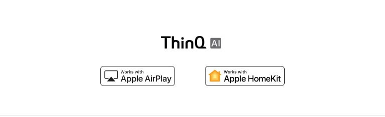 „LG ThinQ“ ženklas, „Apple AirPlay“ ženklas, „Apple Homekit“ ženklas