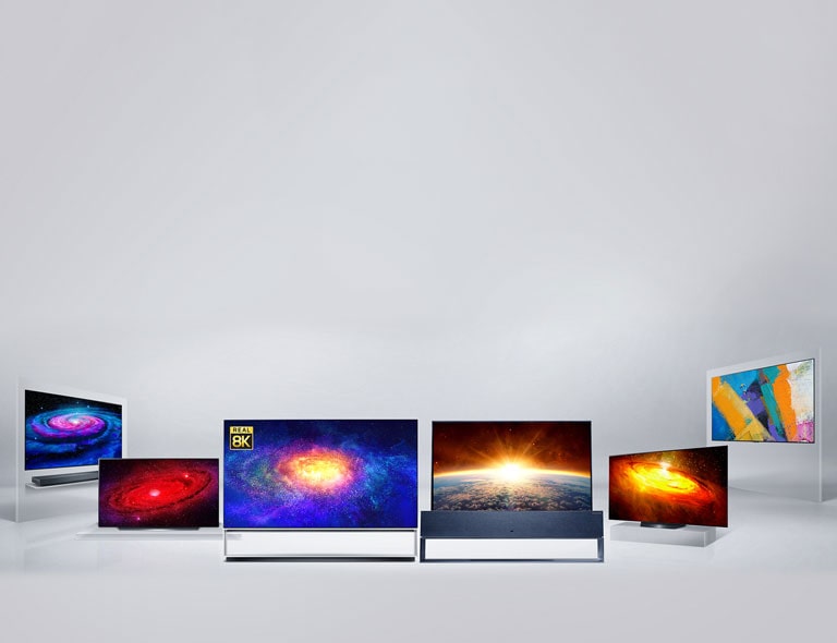 LG OLED modeliai RX, ZX, WX, GX, CX, BX išdėstyti erdvėje