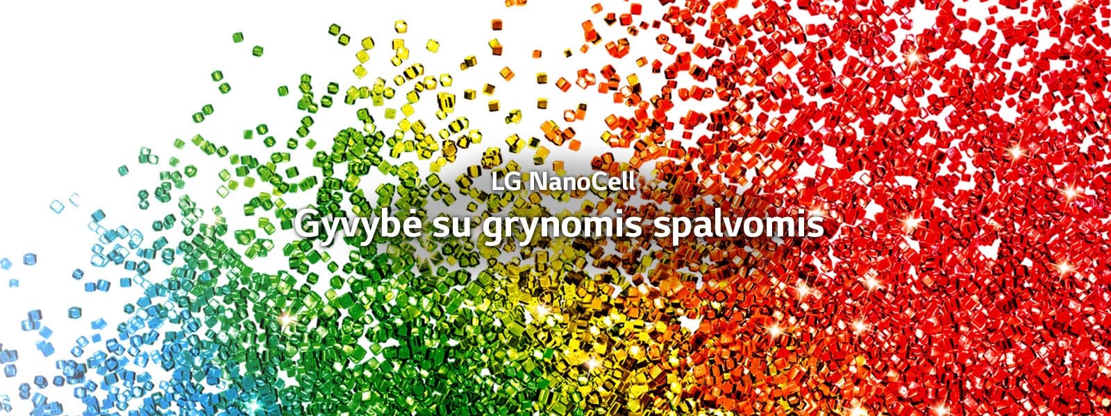 Ekranas užpildytas baltame fone žaižaruojančiomis ryškių spalvų dalelėmis.