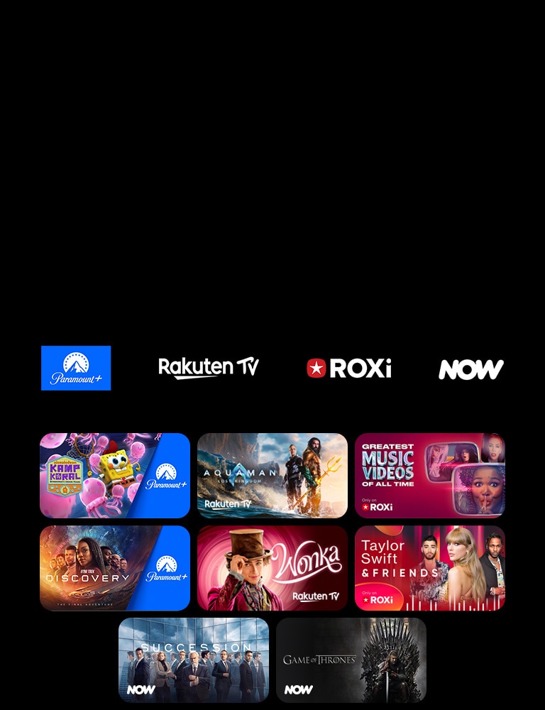 Iš eilės rodomi „Paramount+“, „Rakuten TV“, „ROXi“ ir „Now“ logotipai. Po jais – išskirtinių televizijos serialų ir filmų plakatai.