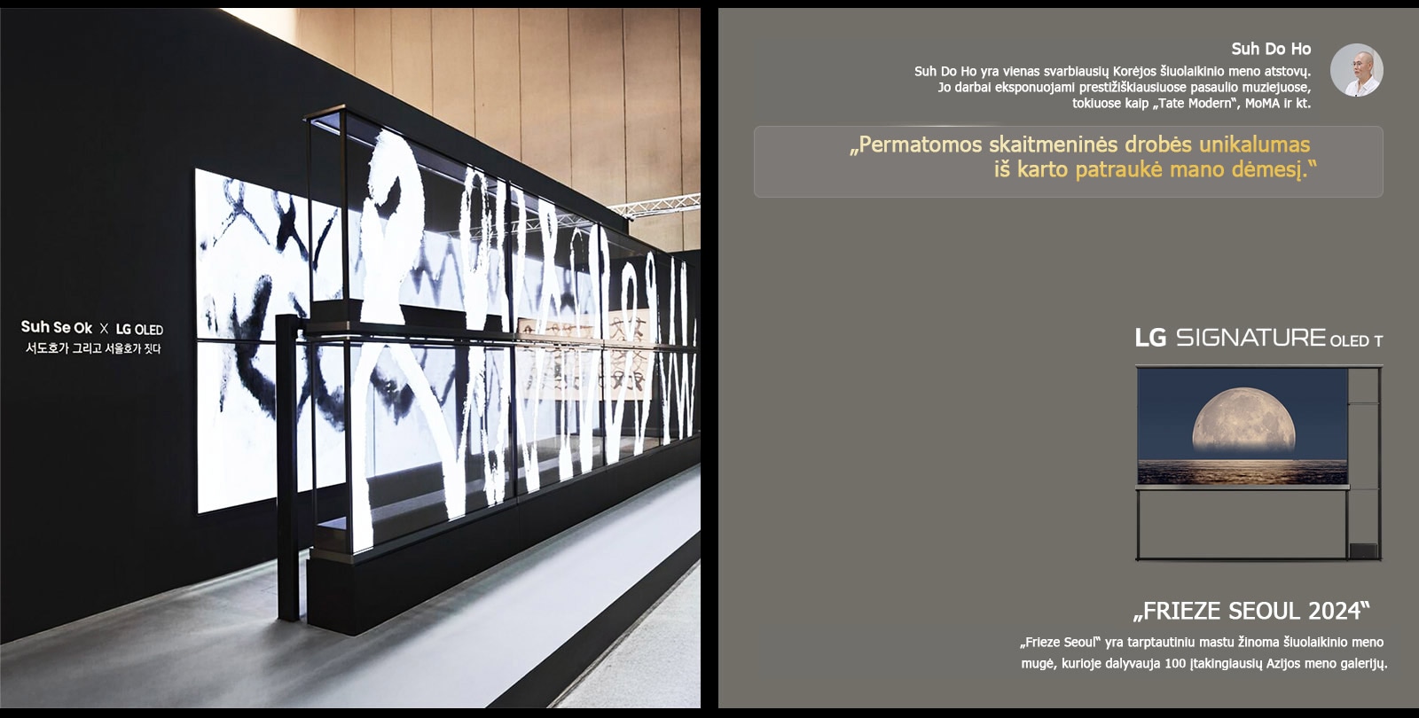 „Suh Se Ok x LG OLED“ meno ekspozicijoje pateikiama vieno iš menininkų Suh Do Ho citata: „Permatomos skaitmeninės drobės unikalumas iš karto patraukė mano dėmesį“. Taip pat matomas „LG Signature OLED T“. Taip pat galima pamatyti trumpus aprašymus apie menininką ir „Frieze Seoul 2024“. 