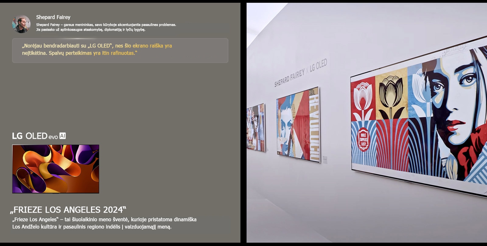 Eksponuojama „Shepard Fairey x LG OLED“ paroda. Galima pamatyti trumpus aprašymus apie menininką ir „Frieze Los Angeles 2024“. Taip pat matomas „LG OLED evo AI“. Išryškinama Shepardo Fairey citata: „Norėjau bendradarbiauti su „LG OLED“, nes šio ekrano raiška yra neįtikėtina. Spalvų perteikimas yra itin rafinuotas.“ 