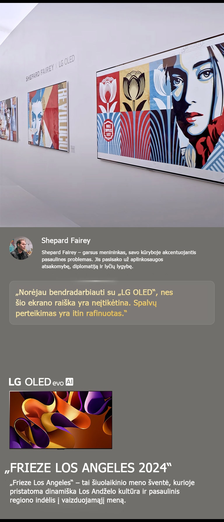 Eksponuojama „Shepard Fairey x LG OLED“ paroda. Galima pamatyti trumpus aprašymus apie menininką ir „Frieze Los Angeles 2024“. Taip pat matomas „LG OLED evo AI“. Išryškinama Shepardo Fairey citata: „Norėjau bendradarbiauti su „LG OLED“, nes šio ekrano raiška yra neįtikėtina. Spalvų perteikimas yra itin rafinuotas.“ 