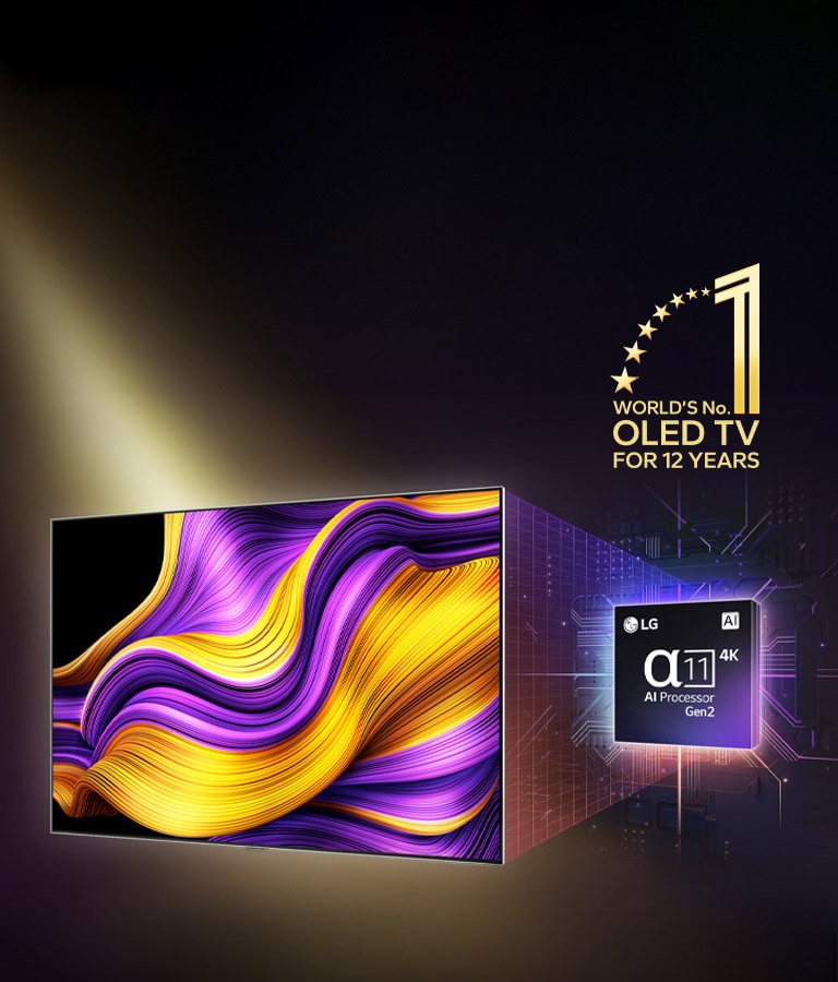 „LG OLED TV“ televizorius, kurio ekrane vaizduojamas spalvingas abstraktus meno kūrinys, o už jo išryškintas „alpha 11 AI Processor Gen2“ procesorius. Iš procesoriaus ir televizoriaus sklinda ryškios šviesos, demonstruojančios pažangias technologijas. Matoma emblema „World’s number one OLED TV for 12 years“.
