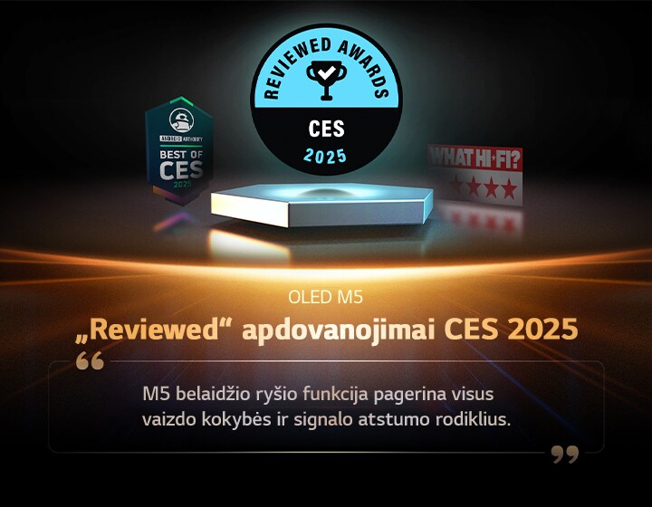 „Reviewed“ apdovanojimas OLED M5. Jų apžvalgos ištraukoje rašoma: „M5 belaidžio ryšio galimybės pagerina visus vaizdo kokybės ir signalo atstumo rodiklius.