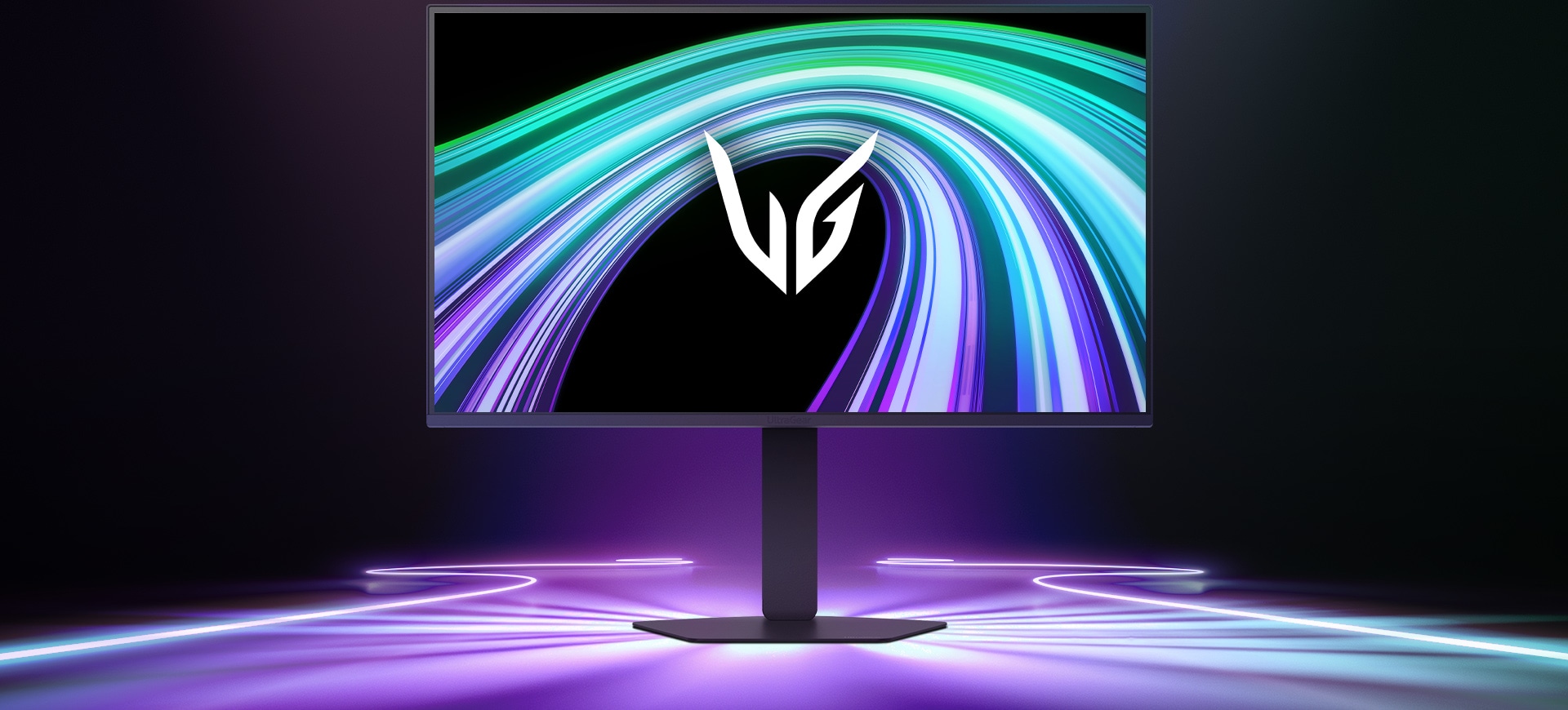 UltraGear™ 27G550B žaidimų monitoriaus vaizdas iš priekio futuristiniame, neonu apšviestame kambaryje.