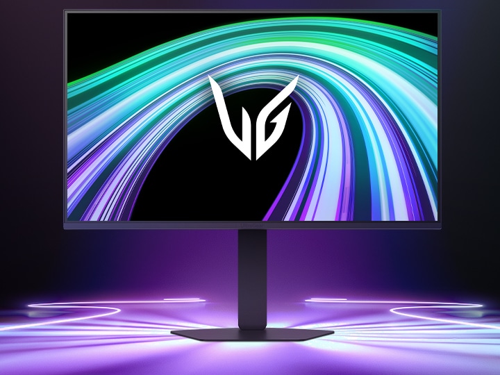 UltraGear™ 27G550B žaidimų monitoriaus vaizdas iš priekio futuristiniame, neonu apšviestame kambaryje.