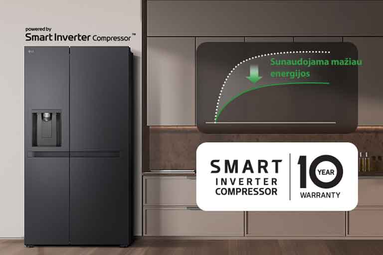 Šaldytuvas sumontuotas virtuvės sienoje, o grafikas rodo, kad naudojant smart inverter compressor energijos suvartojimas sumažėjo.