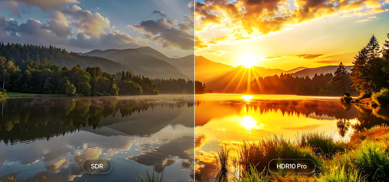 LG NANO 4K UHD AI NU80 padalytame peizažo vaizde išryškina HDR10 Pro ir palygina su SDR ir HDR10 Pro: saulėlydžio ežero scenoje atsiskleidžia ryškesni šviesos atspindžiai, gilesni šešėliai ir patobulintas kontrastas, sukuriantys turtingesnes detales ir raišką.
