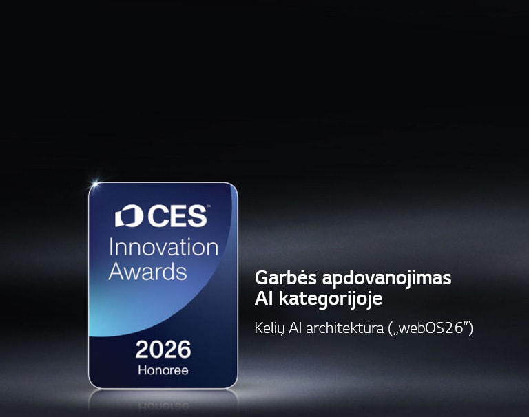 Tamsiame fone rodomas „CES Innovation Awards 2026“ laureato ženklelis. „Multi-AI Architecture“ pripažinta dirbtinio intelekto kategorijoje.	