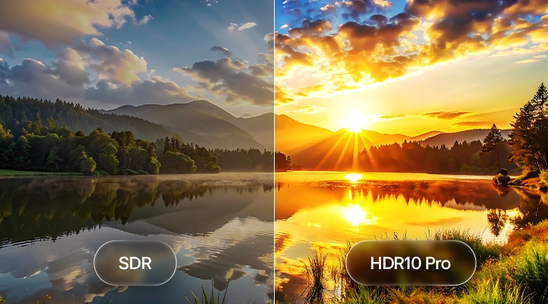 LG NANO 4K UHD AI NU80 padalytame peizažo vaizde išryškina HDR10 Pro ir palygina su SDR ir HDR10 Pro: saulėlydžio ežero scenoje atsiskleidžia ryškesni šviesos atspindžiai, gilesni šešėliai ir patobulintas kontrastas, sukuriantys turtingesnes detales ir raišką.