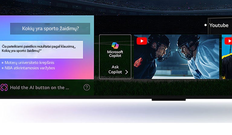 Priartintas LG QNED TV ekranas, kuriame matyti, kaip veikia AI Search paieška. Atidarytas nedidelis pokalbio langas, kuriame rodoma, kaip naudotojas paklausė, kokių sporto žaidimų yra. AI Search paieška atsakė per pokalbį ir parodė įvairaus turimo turinio miniatiūras. Taip pat yra raginimas paklausti „Microsoft Copilot“. 
