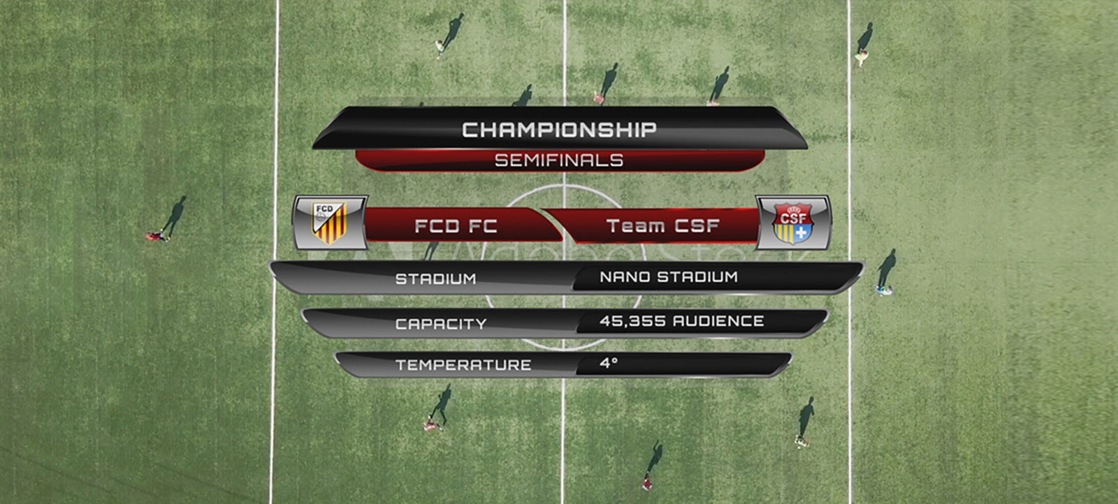 Paveikslėlyje vaizduojamos čempionato rungtynės ir suteikiama visa informacija, susijusi su skirtingomis komandomis, stadionu, vietų skaičiumi ir temperatūra.