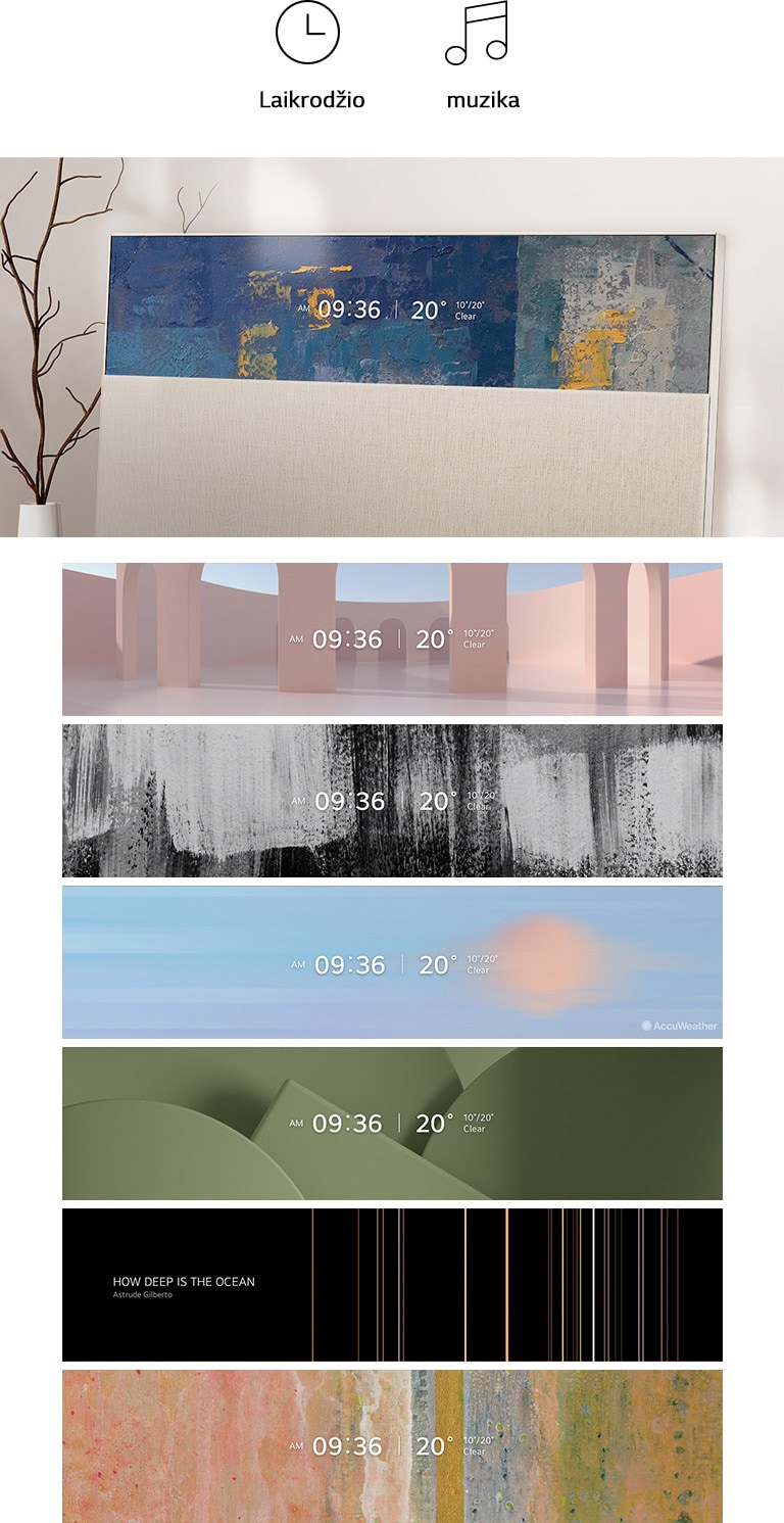 Priartintas į sieną atremto EASEL vaizdas, „Line View“ režimo ekrane rodomas laikas ir orų prognozė bei tekstūrinis aliejinis paveikslas. „Line View“ režime rodomas laikas ir orų prognozė, rožinė architektūros tema. „Line View“ režime rodomas laikas ir orų prognozė, juodų ir baltų potėpių tema. „Line View“ režime rodomas laikas ir orų prognozė, dangaus tema. „Line View“ režime rodomas laikas ir orų prognozė, rusvai žalsva 3D objektų tema. „Line View“ režime rodomas muzikos grotuvas, linijų rašto tema. „Line View“ režime rodomas laikas ir orų prognozė, spalvingų paveikslų tema.