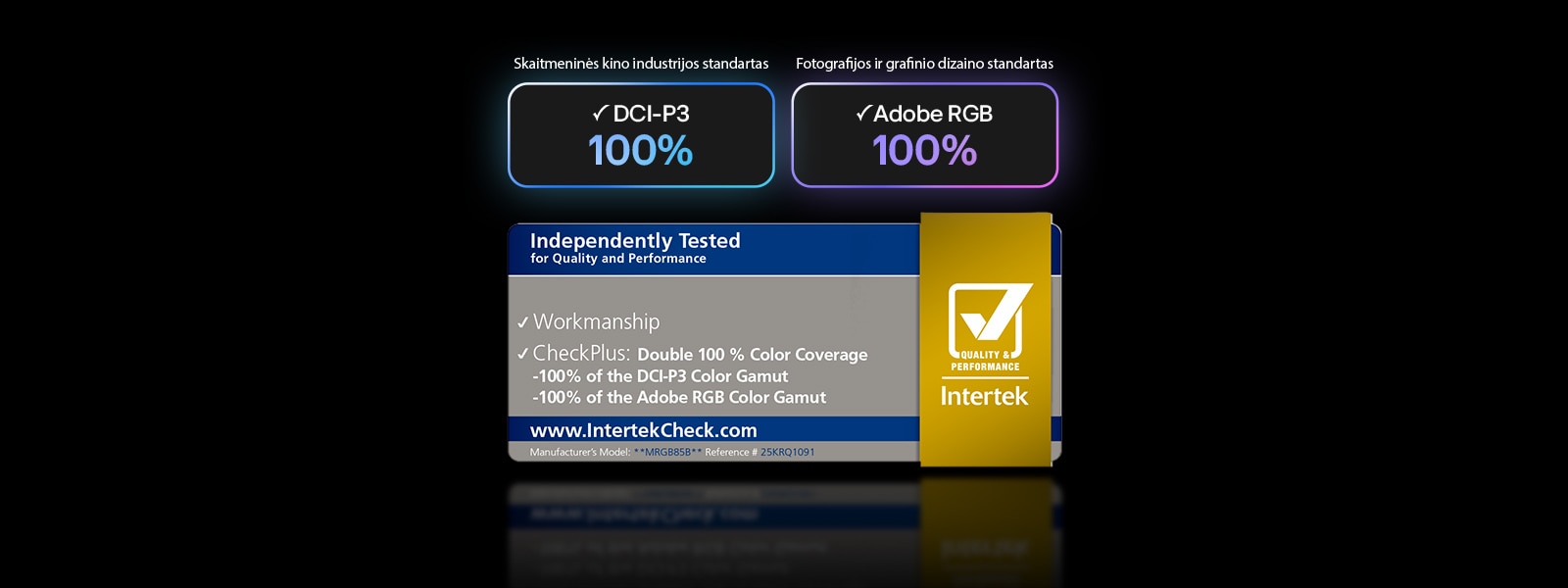 „LG Mini RGB evo AI MRGB85“ su RGB „Primary Color Pro“ technologija užtikrina 100&nbsp;% DCI-P3 ir „Adobe“ RGB spalvų aprėptį, sertifikuotą „Intertek“.
