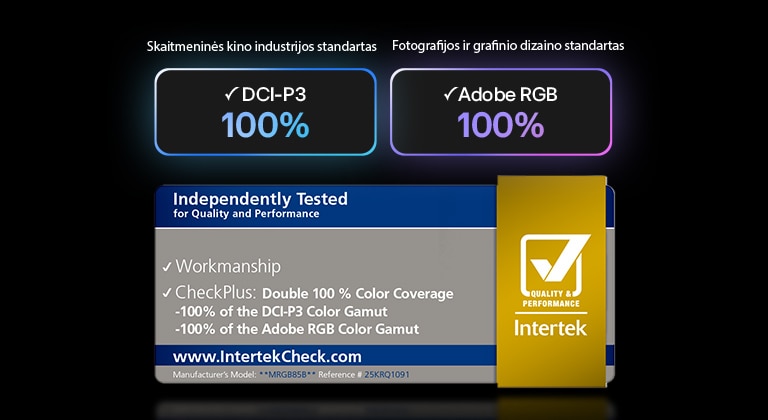 „LG Mini RGB evo AI MRGB85“ su RGB „Primary Color Pro“ technologija užtikrina 100&nbsp;% DCI-P3 ir „Adobe“ RGB spalvų aprėptį, sertifikuotą „Intertek“.