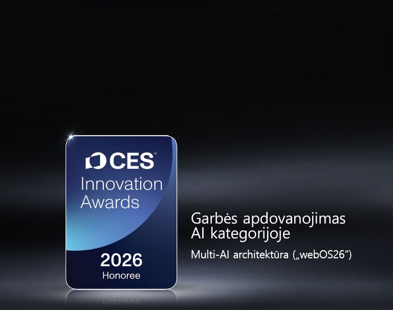 Tamsiame fone rodomas „CES Innovation Awards 2026“ laureato ženklelis. „Multi-AI Architecture“ pripažinta dirbtinio intelekto kategorijoje.