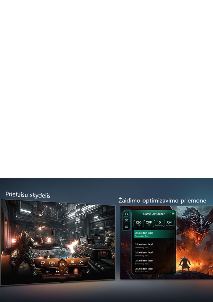 „LG Mini RGB evo AI MRGB85“ su „Game Dashboard“ ir „Game Optimizer“ rodo du žaidimų ekranus šalia ir ekrano meniu žaidimo nustatymams, tokiems kaip atnaujinimo dažnis, delsa ir vaizdo režimai.