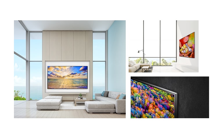 Vaizdas, kuriame matosi prie sienos prigludęs LG „NanoCell“ TV.