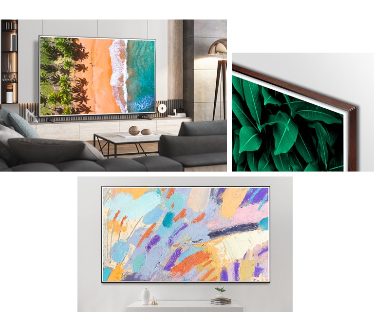 Trys ant sienos įrengto LG QNED „Mini LED“ TV su juodmedžio paveikslo rėmeliu dailiuose, natūraliuose interjeruose vaizdai.