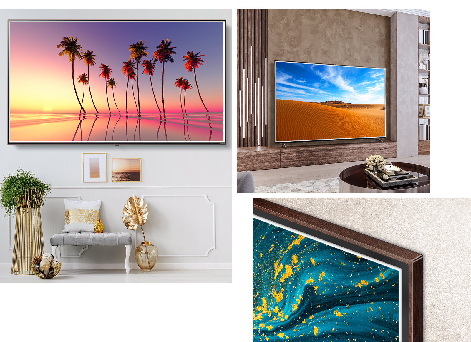 Trys ant sienos įrengto LG QNED „Mini LED“ TV su juodmedžio paveikslo rėmeliu lengvuose, moderniuose interjeruose vaizdai.