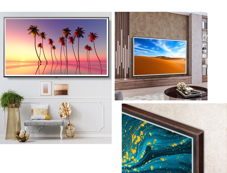 Trys ant sienos įrengto LG QNED „Mini LED“ TV su juodmedžio paveikslo rėmeliu lengvuose, moderniuose interjeruose vaizdai.