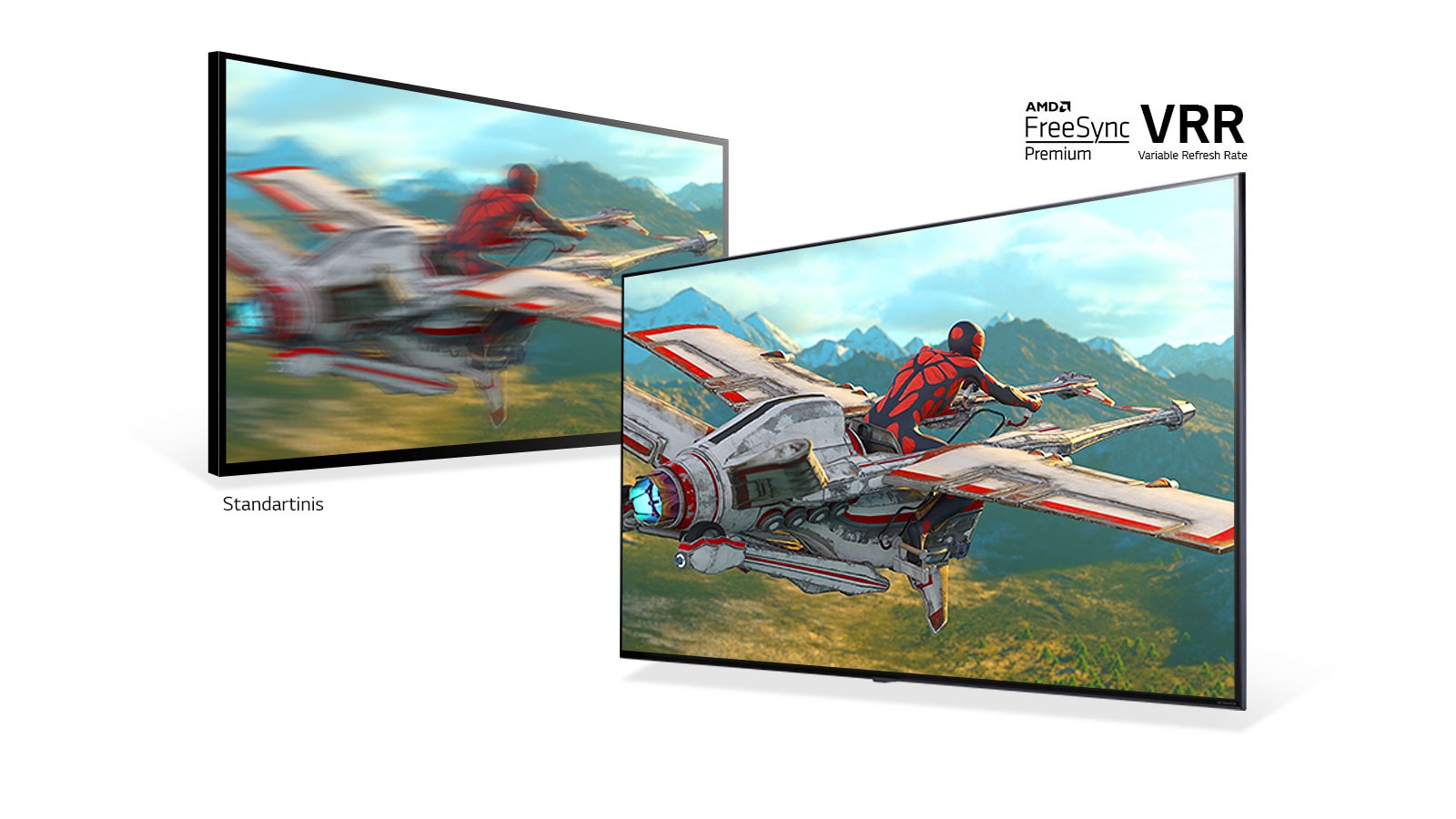 Du televizoriai rodo sustabdytą vaizdą iš lenktynių žaidimo. Standartinio televizoriaus vaizdas yra susiliejęs, o televizoriaus su „AMD FreeSync“ ir VRR vaizdas yra aiškus.